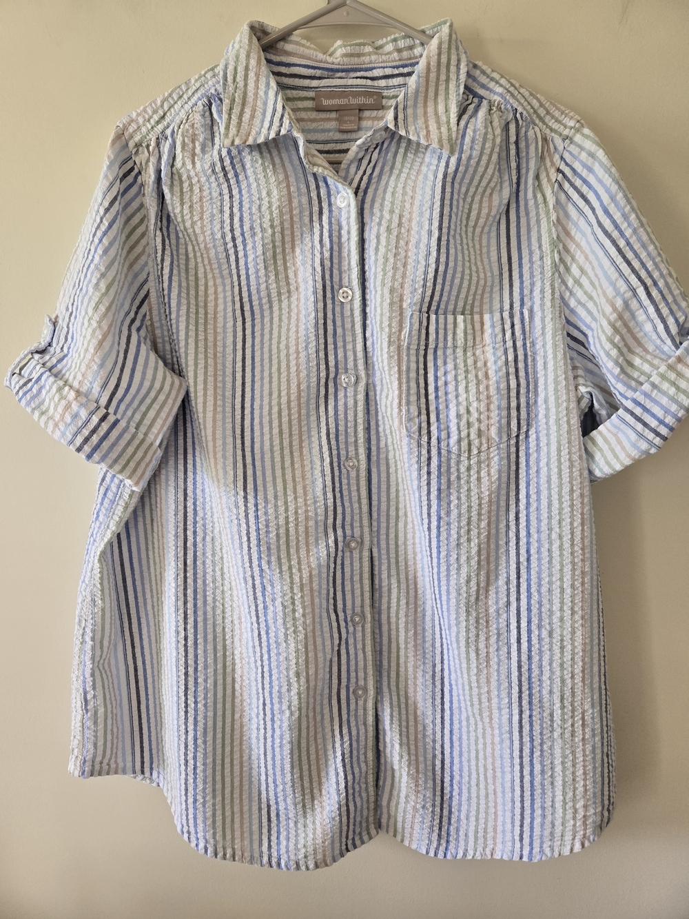 Woman Within Button Down Seersucker Blouse Plus Size L (18/20) 100% Cotton